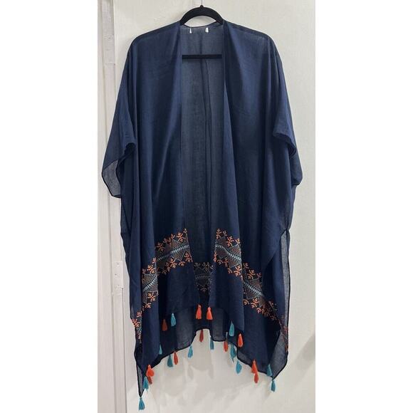 Womens Kimono One Size Blue Orange Embroidered Tackles Boho Art To Wear - Picture 1 of 9